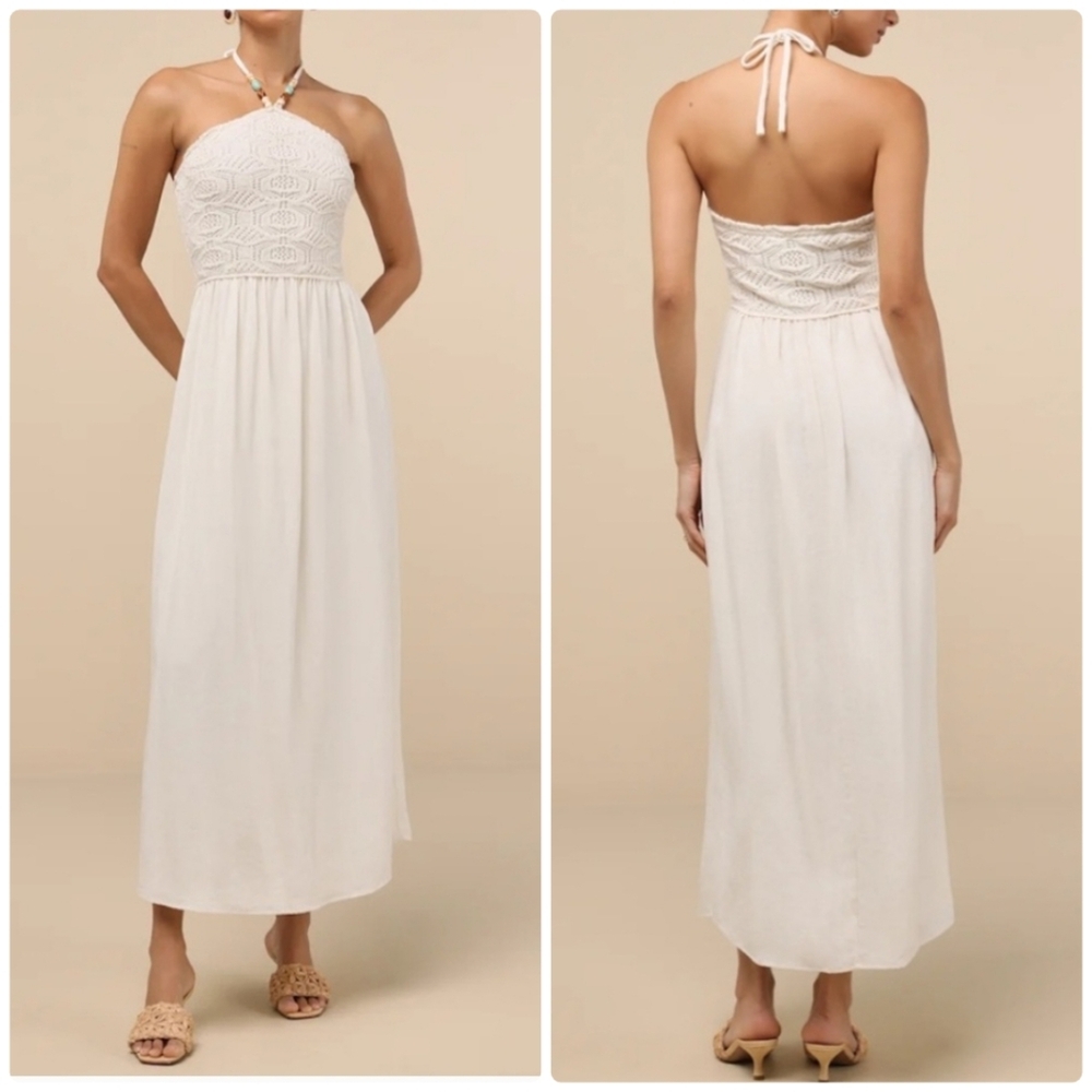 Lulu's White Crochet Bandeau Midi Dress
